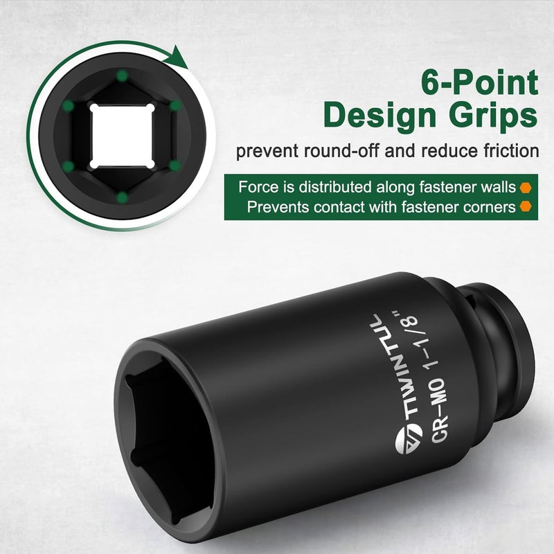 TIWINTUL 1-1/8" Impact Socket 1/2 Inch Drive, Deep CR-MO Steel Impact Socket, 3.07" Length, 6 Point Design, SAE Size, Axle Nut Socket for Easy Removal of Axle Shaft Nuts - Image 2